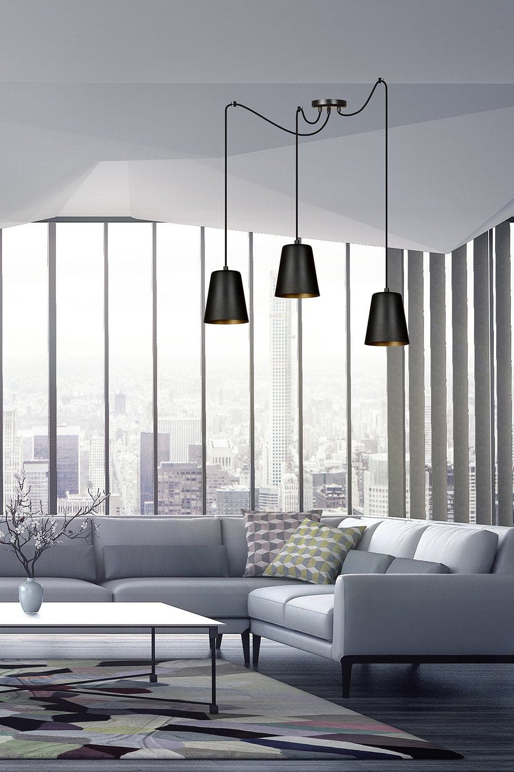 Lampadario 3 Luci Link In Acciaio Nero Cavo Lungo E Paralumi Cono Nero E Oro in Lampade a sospensione LuceArt - Montecorvino Pugliano, commercioVirtuoso.it