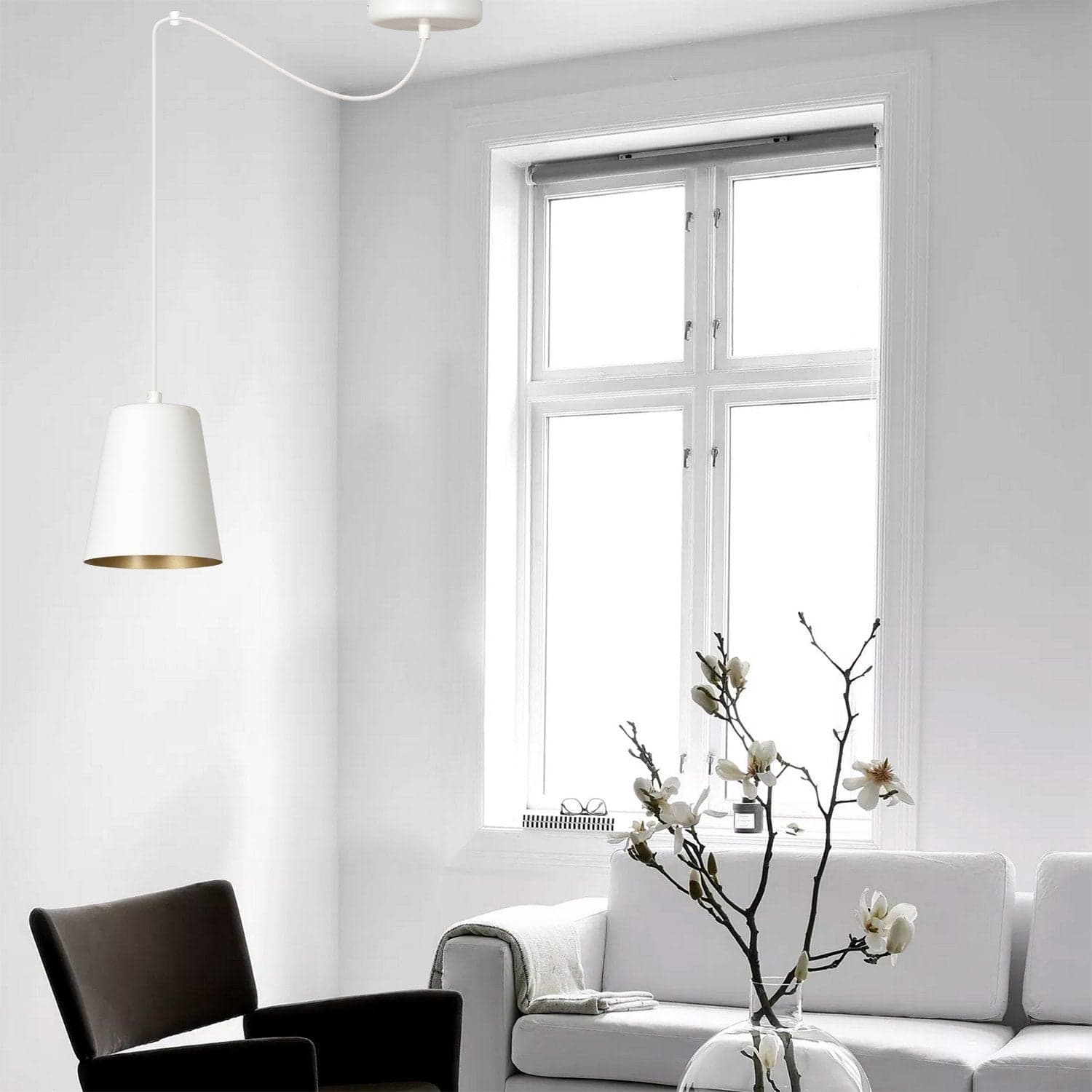 Sospensione 1 Luce Link In Acciaio Cavo Lungo E Paralume Cono Bianco E Oro in Lampade a sospensione LuceArt - Montecorvino Pugliano, commercioVirtuoso.it