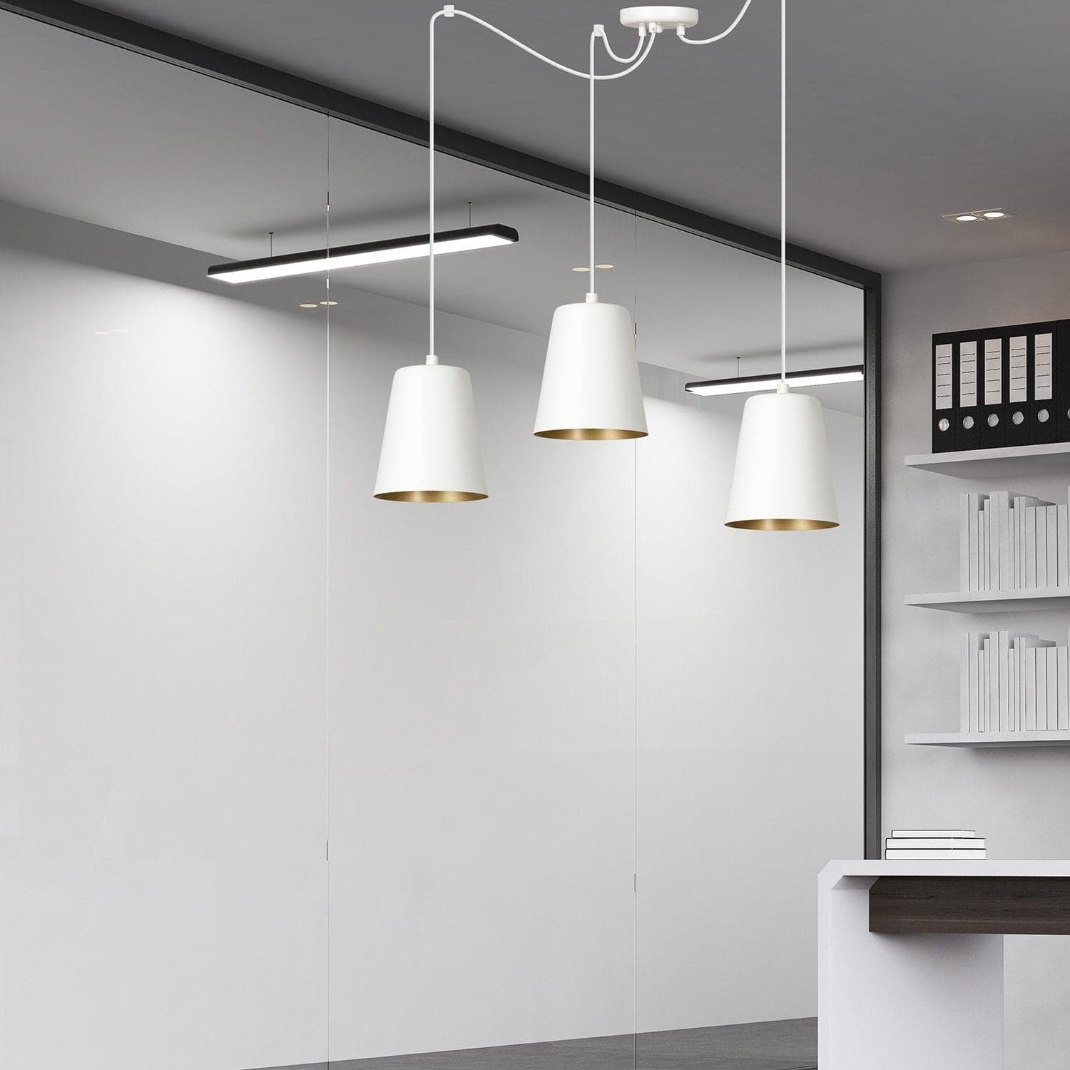 Lampadario 3 Luci Link In Acciaio Cavo Lungo E Paralumi Cono Bianco E Oro in Lampade a sospensione LuceArt - Montecorvino Pugliano, commercioVirtuoso.it