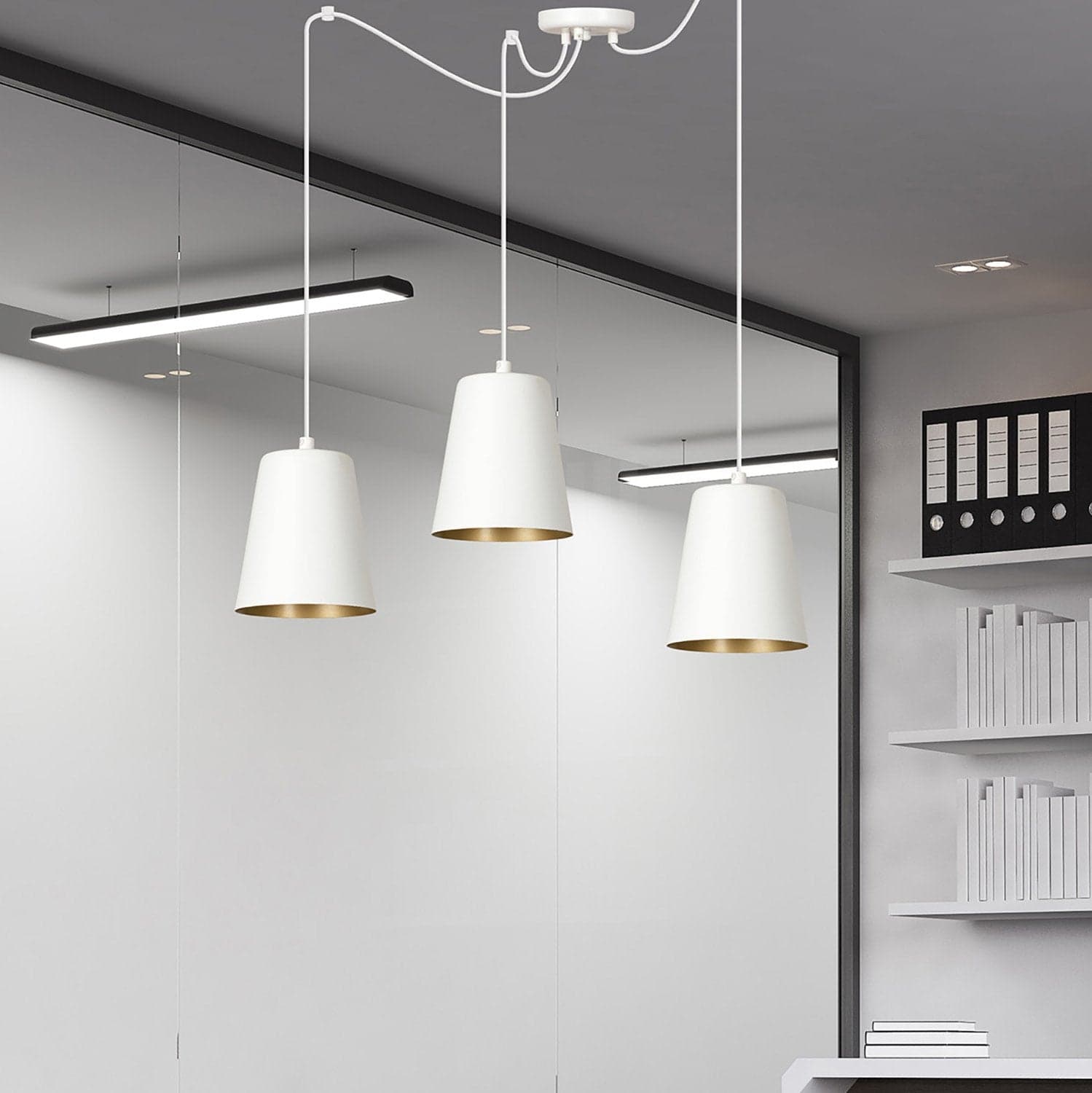 Lampadario 3 Luci Link In Acciaio Cavo Lungo E Paralumi Cono Bianco E Oro in Lampade a sospensione LuceArt - Montecorvino Pugliano, commercioVirtuoso.it
