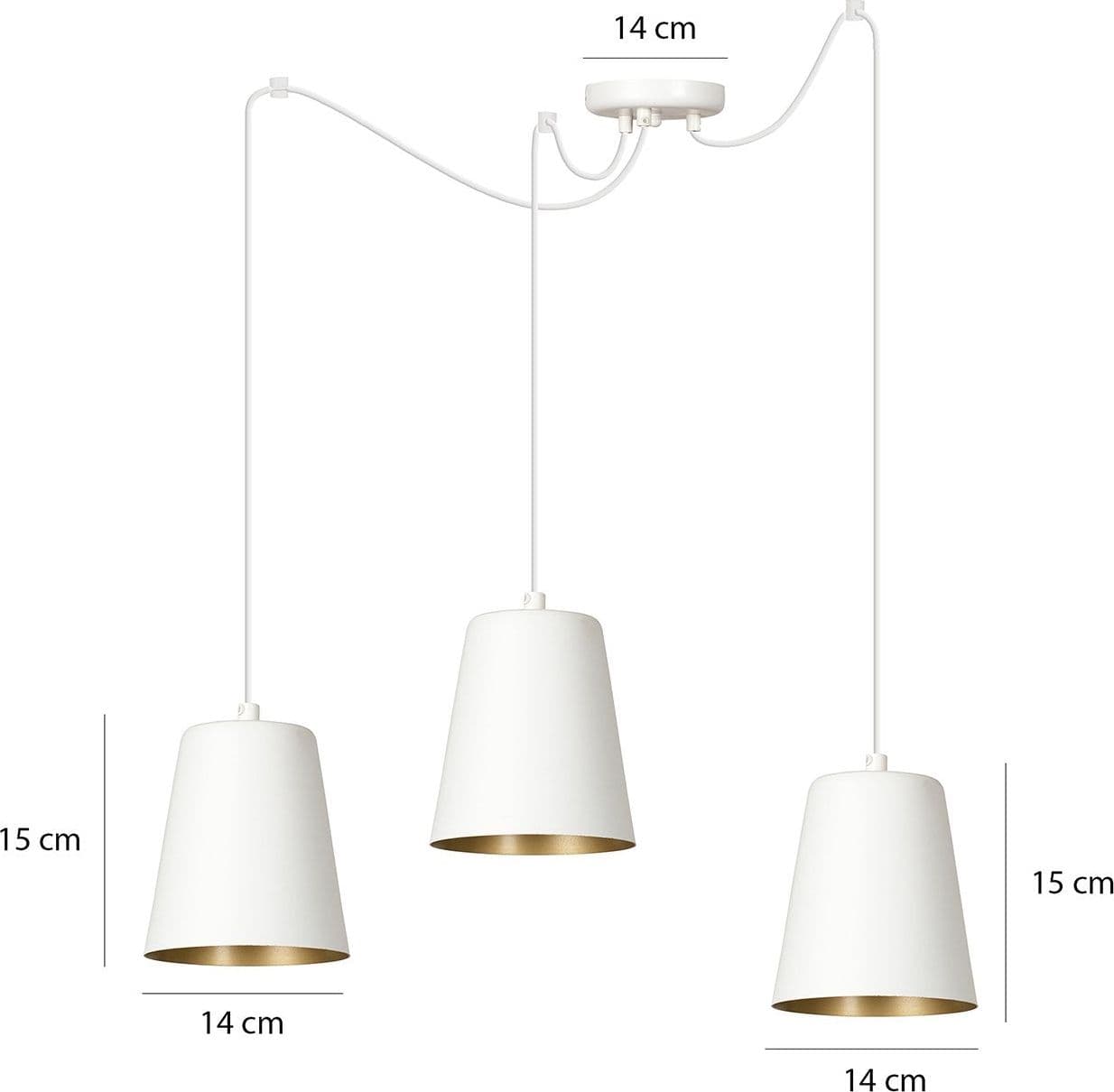 Lampadario 3 Luci Link In Acciaio Cavo Lungo E Paralumi Cono Bianco E Oro in Lampade a sospensione LuceArt - Montecorvino Pugliano, commercioVirtuoso.it