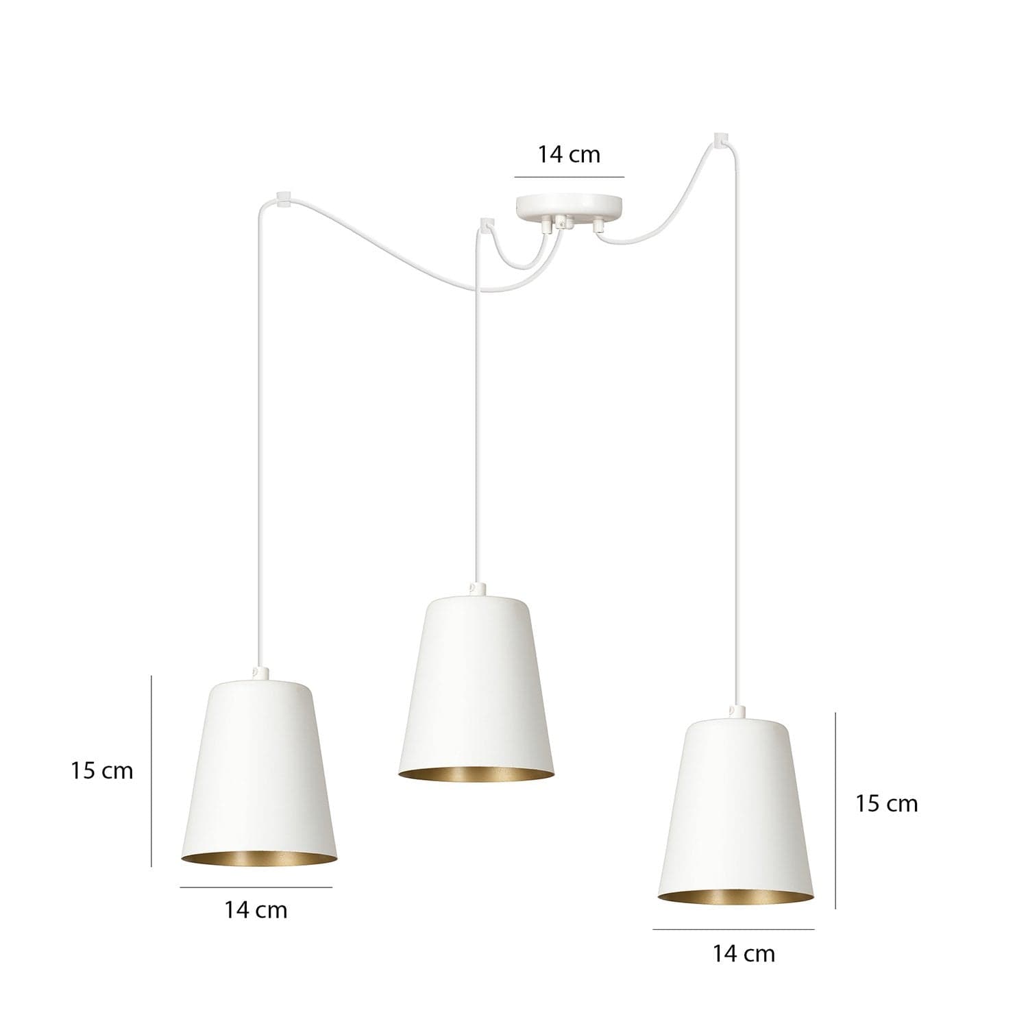 Lampadario 3 Luci Link In Acciaio Cavo Lungo E Paralumi Cono Bianco E Oro in Lampade a sospensione LuceArt - Montecorvino Pugliano, commercioVirtuoso.it