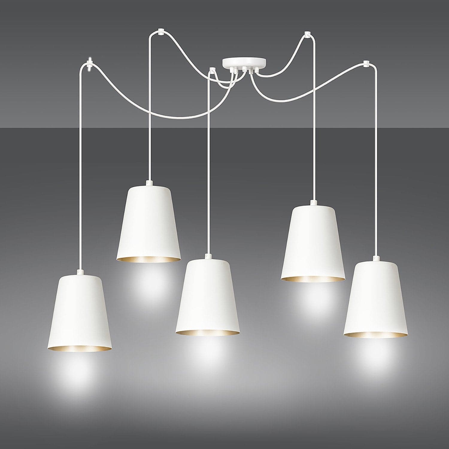 Lampadario 5 Luci Link In Acciaio Cavo Lungo E Paralumi Cono Bianco E Oro in Lampade a sospensione LuceArt - Montecorvino Pugliano, commercioVirtuoso.it