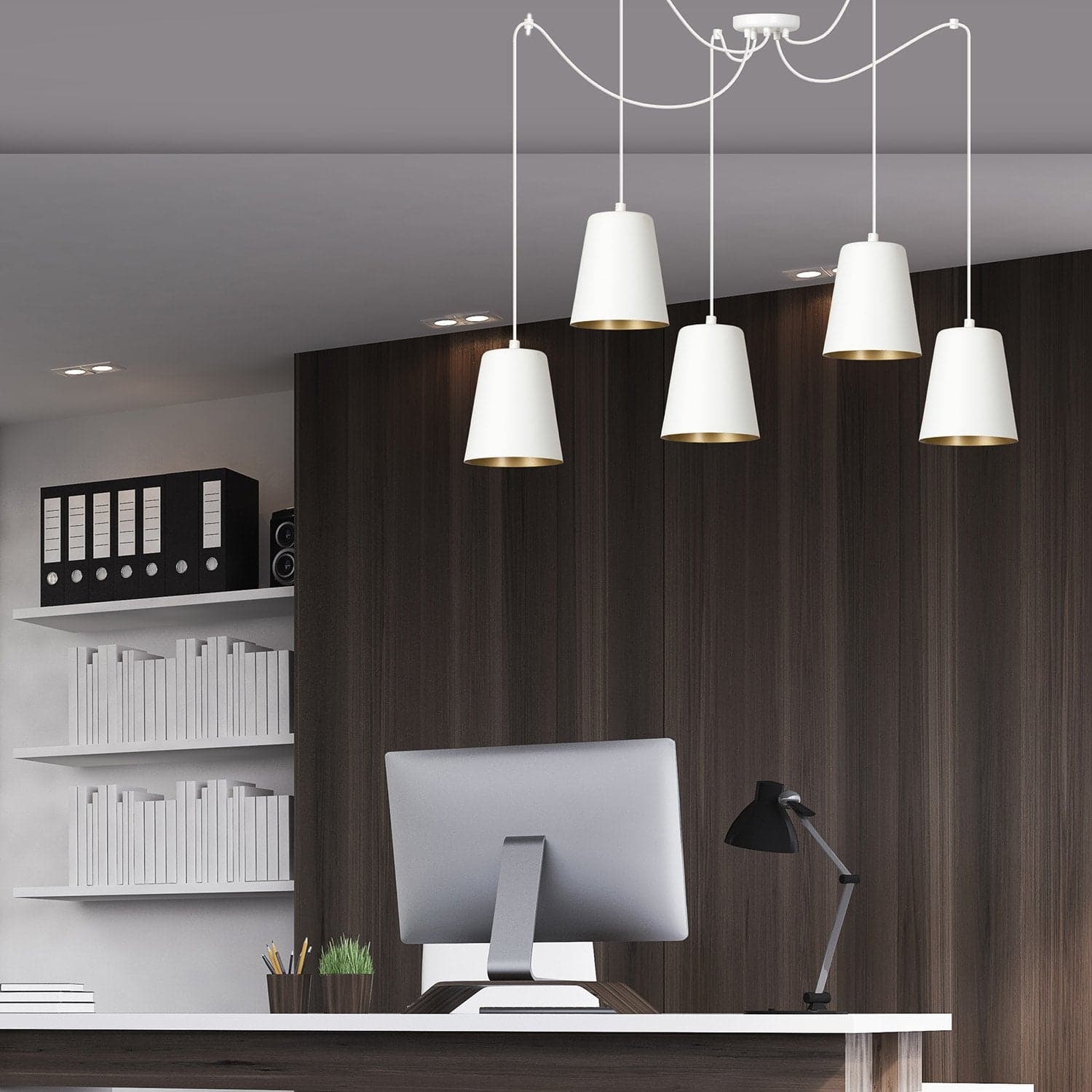 Lampadario 5 Luci Link In Acciaio Cavo Lungo E Paralumi Cono Bianco E Oro in Lampade a sospensione LuceArt - Montecorvino Pugliano, commercioVirtuoso.it