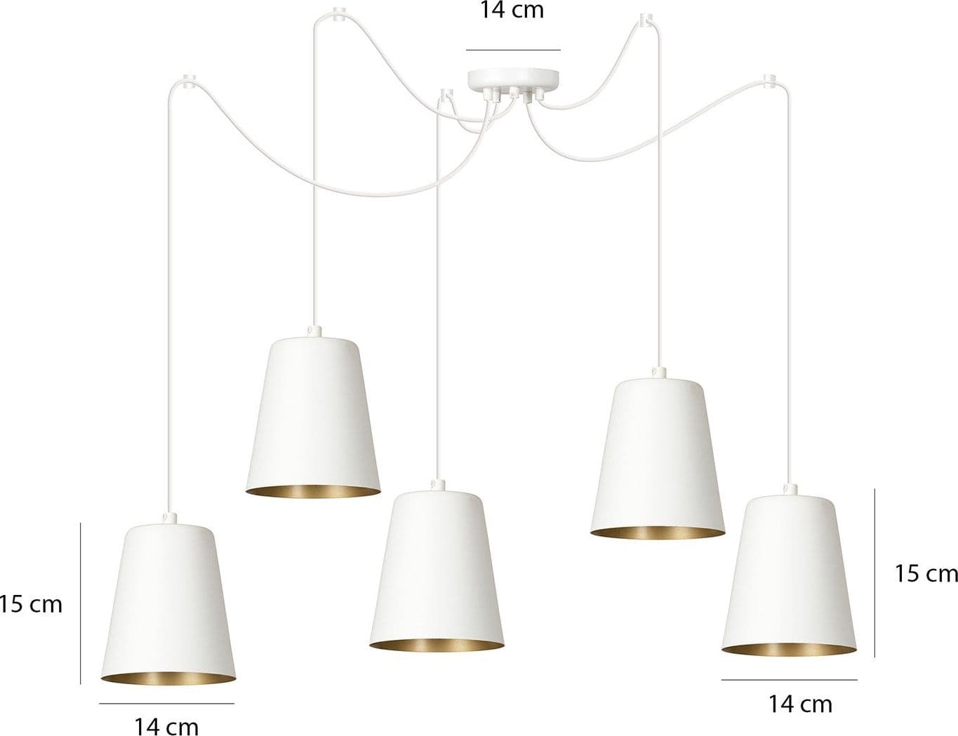 Lampadario 5 Luci Link In Acciaio Cavo Lungo E Paralumi Cono Bianco E Oro in Lampade a sospensione LuceArt - Montecorvino Pugliano, commercioVirtuoso.it
