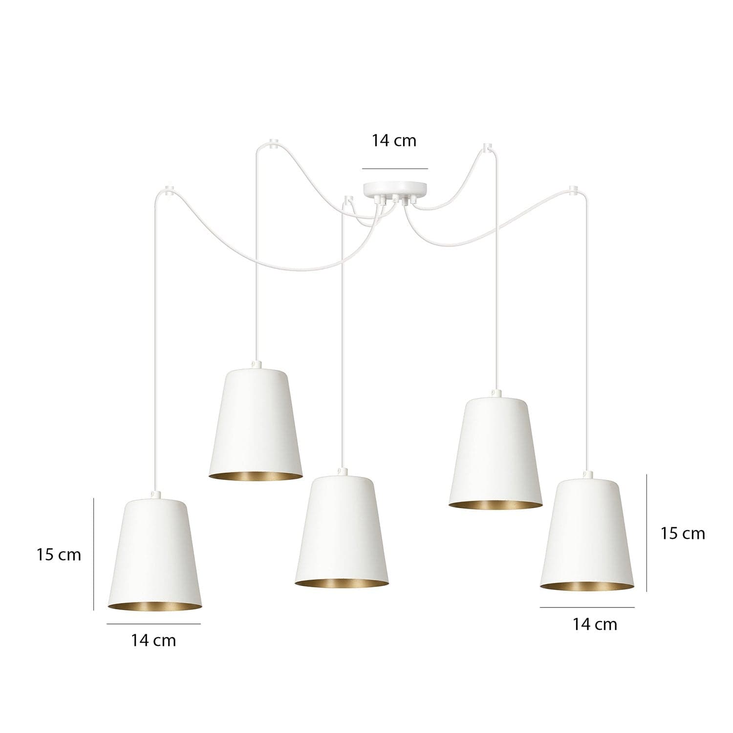 Lampadario 5 Luci Link In Acciaio Cavo Lungo E Paralumi Cono Bianco E Oro in Lampade a sospensione LuceArt - Montecorvino Pugliano, commercioVirtuoso.it