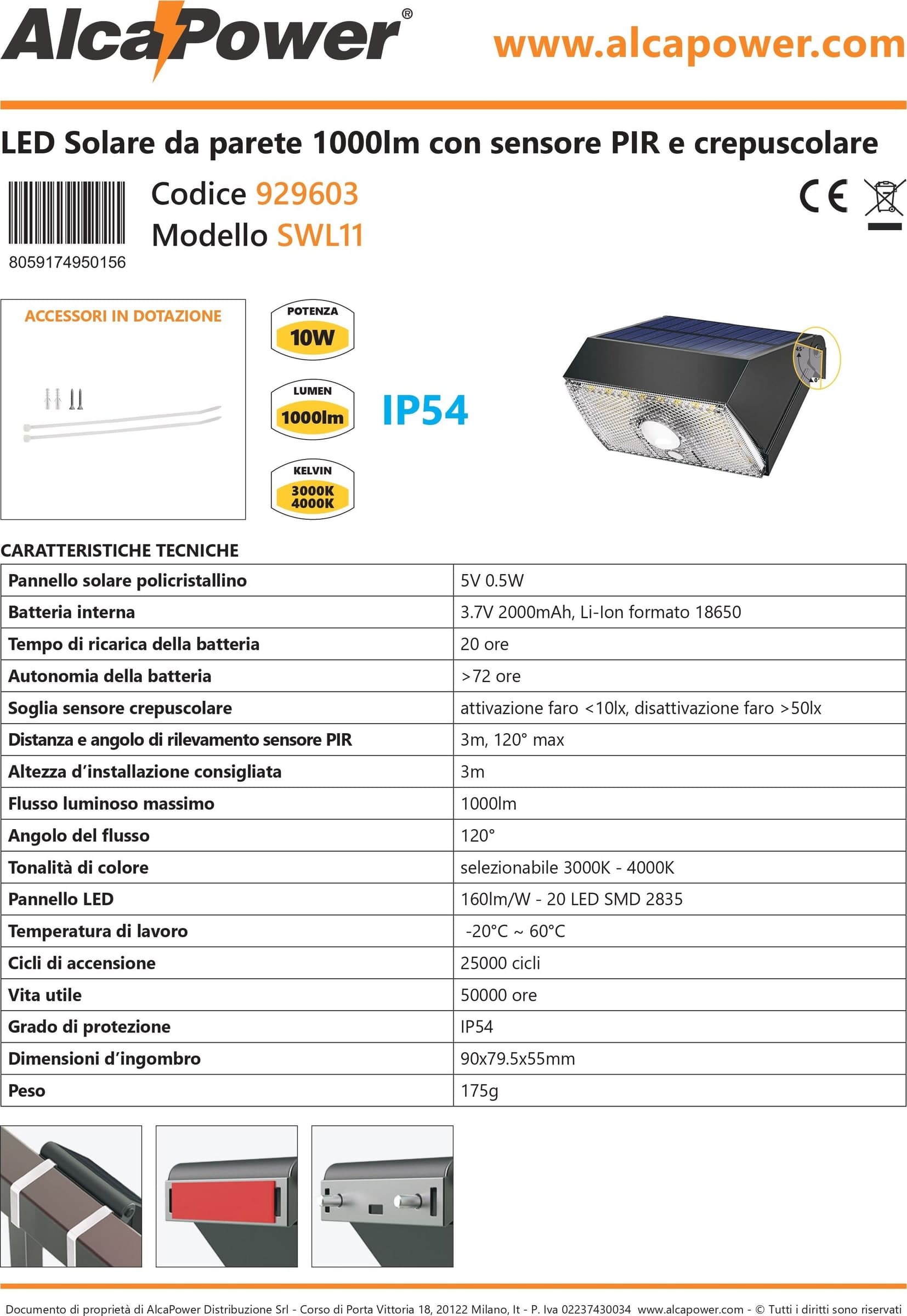 Alca Power lampada proiettore solare da parete 20 led da 0,5W 1000 lumen in Lampade da parete Aloiserw.com - Altomonte, commercioVirtuoso.it