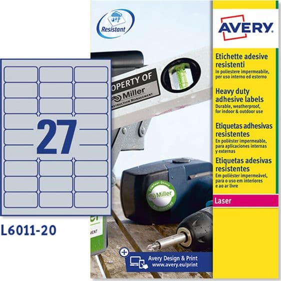 Poliestere adesivo L6011 argento 20fg A4 63,5x29,6mm (27et/fg laser Avery