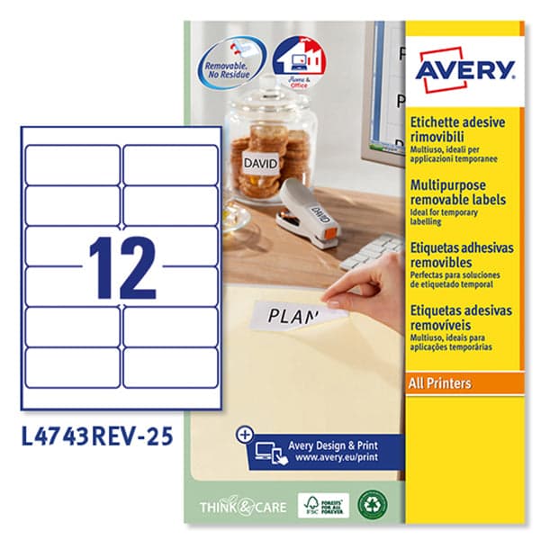 Etichetta adesiva L4743REV bianca rimovibili 25fg A4 99,1x42,3mm (12et/fg laser