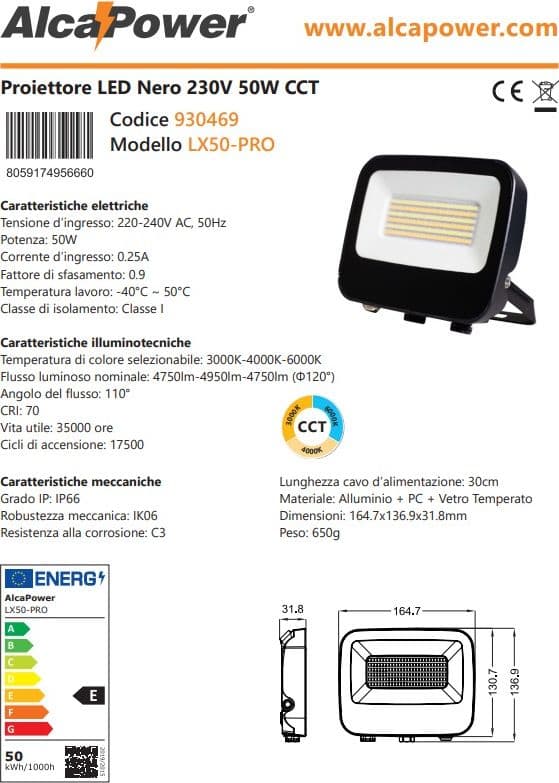 Alca Power LX50-PRO proiettore led da 50W a 220-240V temperatura di colore e flusso luminoso regolabile in Luci notturne per bambini Aloiserw.com - Altomonte, commercioVirtuoso.it