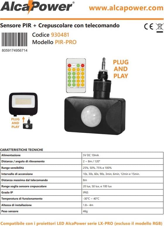 Alca Power sensore PIR PRO + crepuscolare con telecomando in Rilevatori di movimento Aloiserw.com - Altomonte, commercioVirtuoso.it