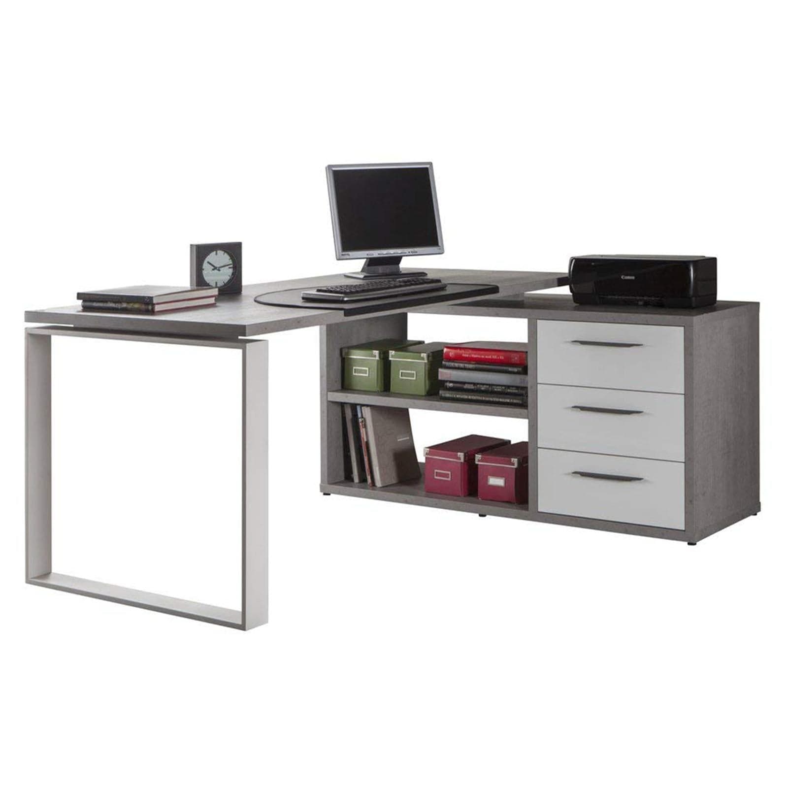 Scrivania angolare con cassettiera color cemento e bianco laccato da ufficio 160 cm in Scrivanie Decor Space - Altamura, commercioVirtuoso.it