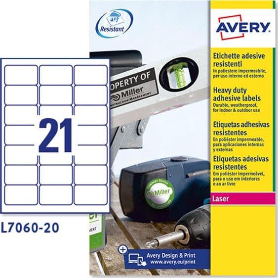 Poliestere adesivo L7060 bianco 20fg A4 63,5x38,1mm (21et/fg laser Avery