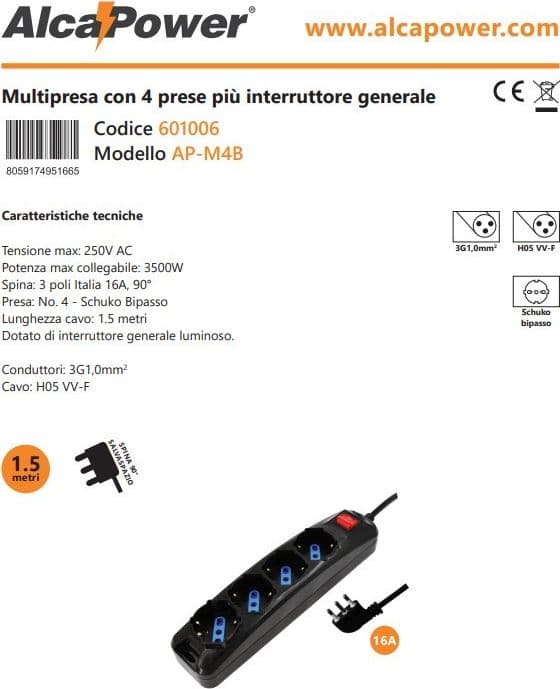 Alca Power multipresa nera con 4 prese universali spina a 90° cavo da 1,5mt con interruttore in Multiprese Aloiserw.com - Altomonte, commercioVirtuoso.it