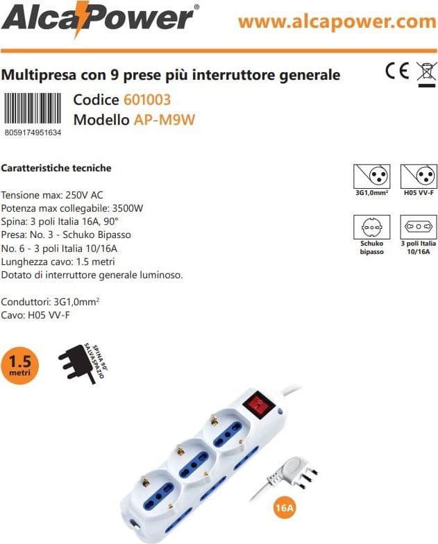 Alca Power multipresa bianca con 6 bipasso + 3 universali con spinaa 90° cavo da 1,5mt con interruttore in Multiprese Aloiserw.com - Altomonte, commercioVirtuoso.it