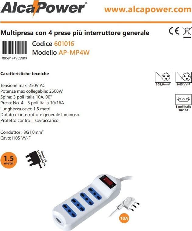 Alca Power multipresa bianca con 4 prese bipasso spina a 90° cavo da 1,5mt con interruttore in Multiprese Aloiserw.com - Altomonte, commercioVirtuoso.it