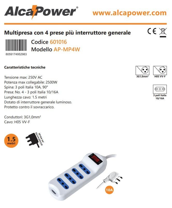 Alca Power multipresa bianca con 4 prese bipasso spina a 90° cavo da 1,5mt con interruttore in Multiprese Aloiserw.com - Altomonte, commercioVirtuoso.it