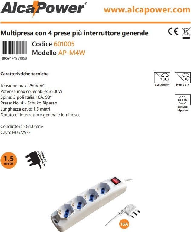 Alca Power multipresa bianca con 4 prese universale spina a 90° cavo da 1,5mt con interruttore in Multiprese Aloiserw.com - Altomonte, commercioVirtuoso.it