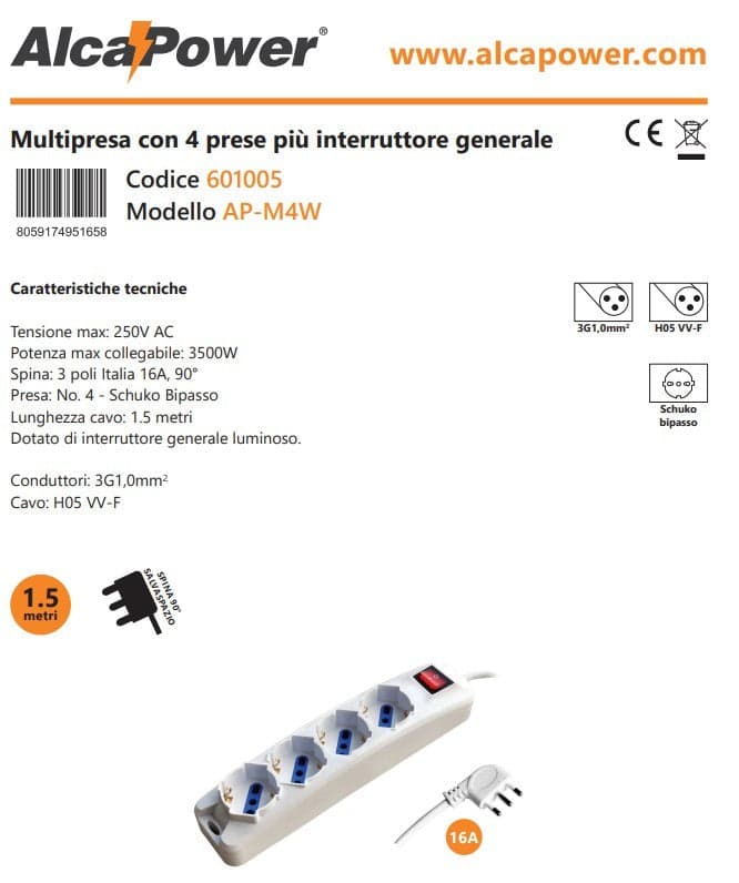 Alca Power multipresa bianca con 4 prese universale spina a 90° cavo da 1,5mt con interruttore in Multiprese Aloiserw.com - Altomonte, commercioVirtuoso.it