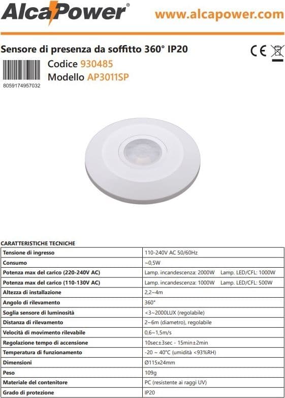 Alca Power sensore di presenza da soffitto 360° IP20 in Rilevatori di movimento Aloiserw.com - Altomonte, commercioVirtuoso.it