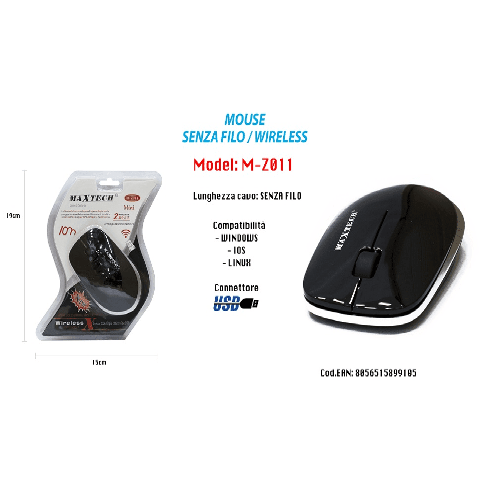 MOUSE SENZA FILI WIFI 2.4 GHZ PER COMPUTER PC NOTEBOOK WIRELESS MAXTECH M-Z011 in prodotto Trade Shop italia - Napoli, commercioVirtuoso.it