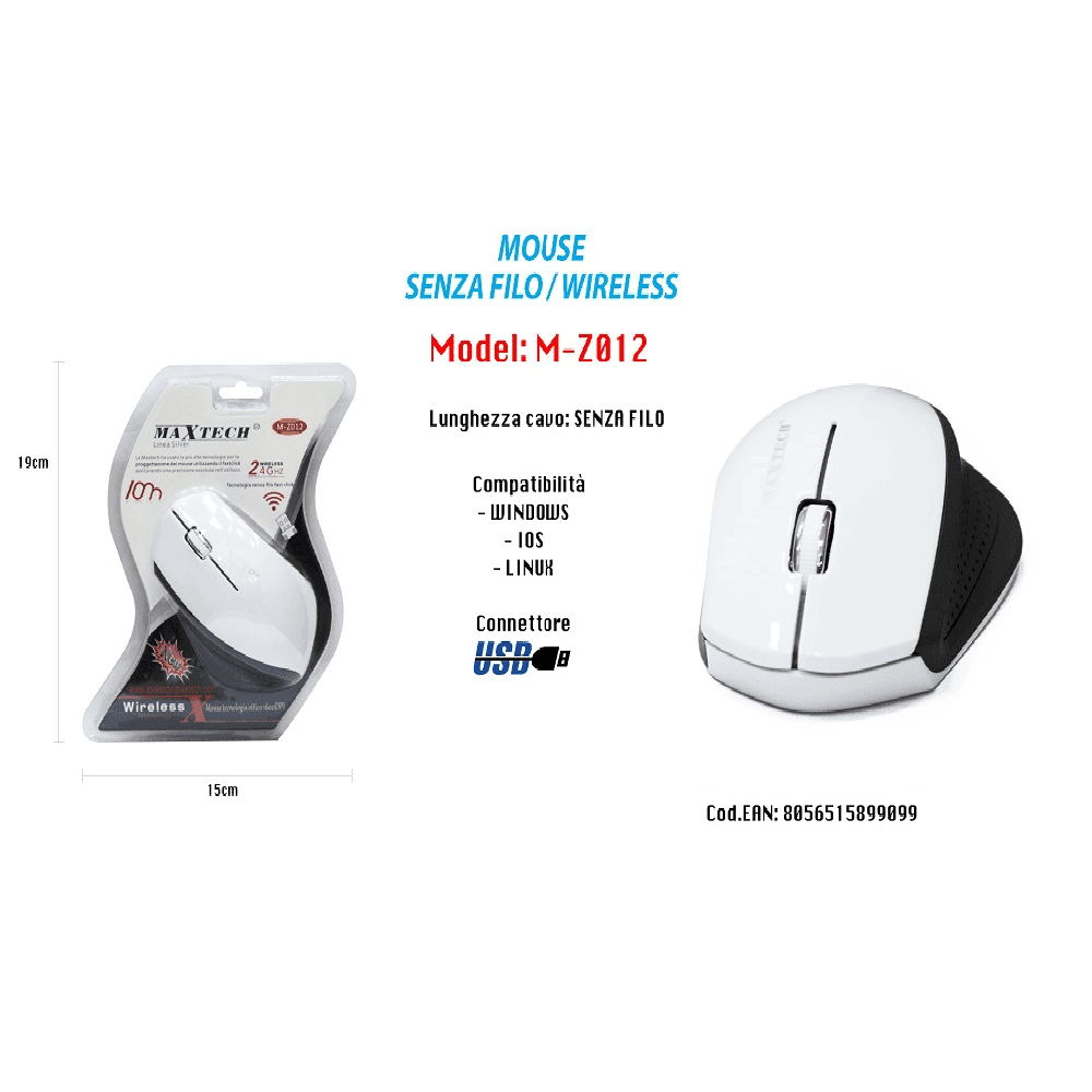 MOUSE WIFI WIRELESS SENZA FILO PORTATILE PC COMPUTER 1600DPI 2.4GHZ MAXTECH M-Z012 in prodotto Trade Shop italia - Napoli, commercioVirtuoso.it