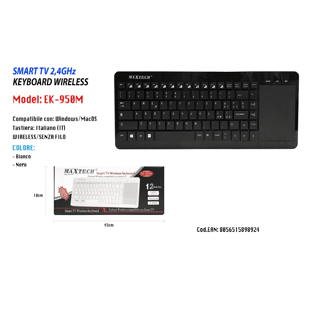 MINI TASTIERA WIRELESS TOUCHPAD KEYBOARD SMART TV COMPUTER PC 2.4GHZ MAXTECH EK-950M in prodotto Trade Shop italia - Napoli, commercioVirtuoso.it