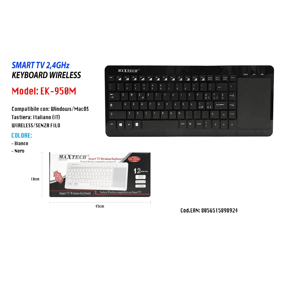 MINI TASTIERA WIRELESS TOUCHPAD KEYBOARD SMART TV COMPUTER PC 2.4GHZ MAXTECH EK-950M in prodotto Trade Shop italia - Napoli, commercioVirtuoso.it