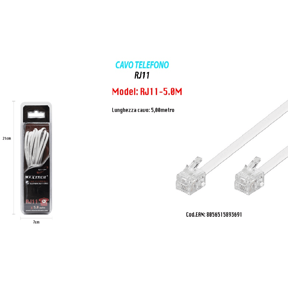 CAVO PROLUNGA TELEFONICA RJ11 5MT COLLEGAMENTO TELEFONICO MAXTECH MODEM RJ11-5.0M in Cavi Trade Shop italia - Napoli, commercioVirtuoso.it