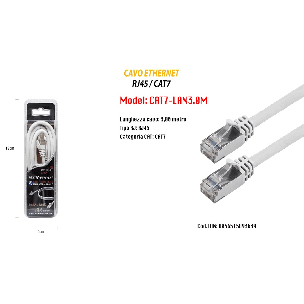 CAVO DI RETE LAN ETHERNET RJ45 / CAT 7 CAVETTO 3 METRI MAXTECH CAT7-LAN3.0M in Cavi Ethernet Trade Shop italia - Napoli, commercioVirtuoso.it