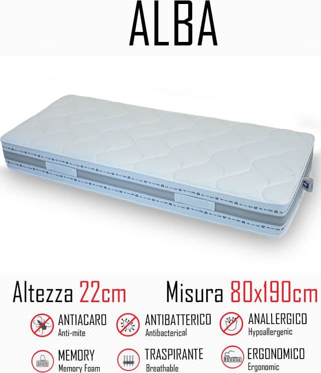 Materasso Alba 80x190 in gomma e memory alto 22cm