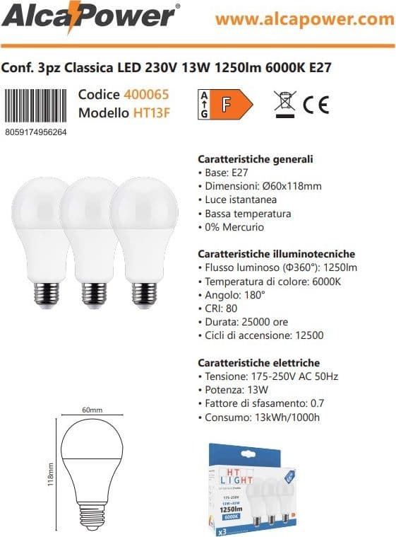 Alca Power A60 13W 175-250V 1250LM 6000K E27 lampada a led box da 3pz in Lampadine a LED Aloiserw.com - Altomonte, commercioVirtuoso.it