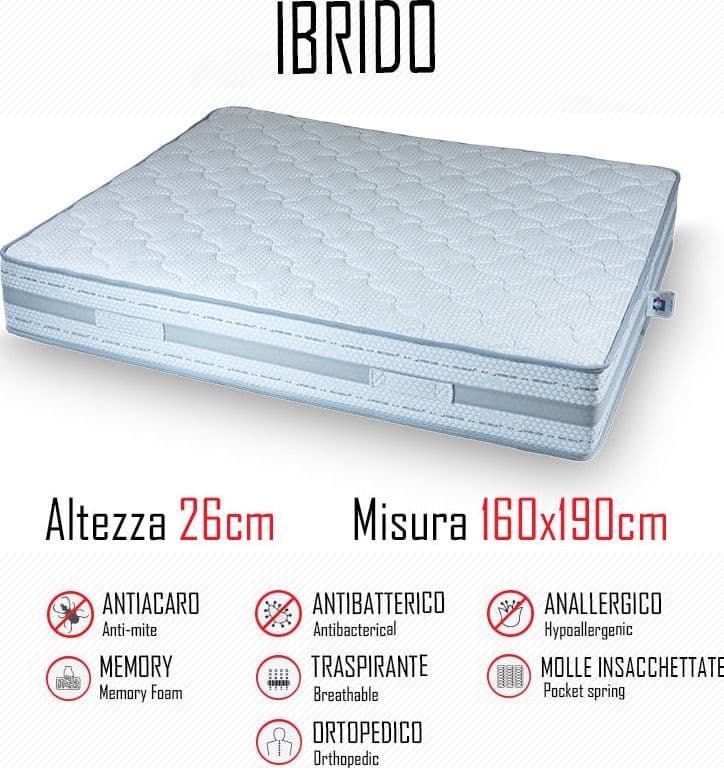 Materasso Ibrido 160x190 a molle indipendenti e memory alto 26cm
