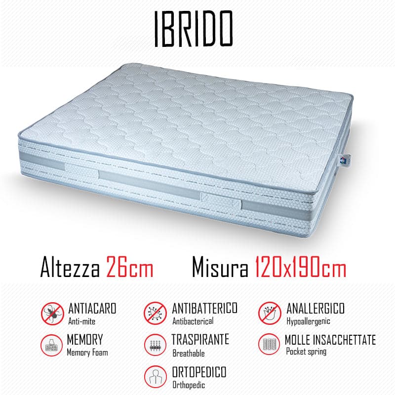 Materasso Ibrido 120x190 a molle indipendenti e memory alto 26cm in Materassi Mondialshop - Parabiago, commercioVirtuoso.it