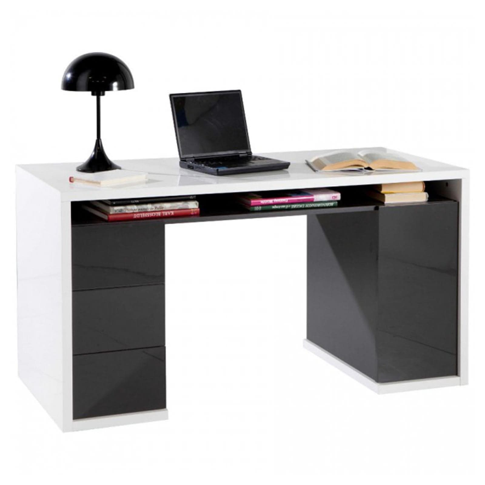 Scrivania con cassettiera nero lucido da ufficio e stanzetta porta pc 140 cm - 3