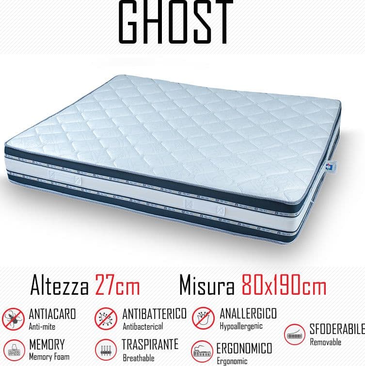 Materasso Ghost Sfod 80x190 in gomma e memory alto 27cm