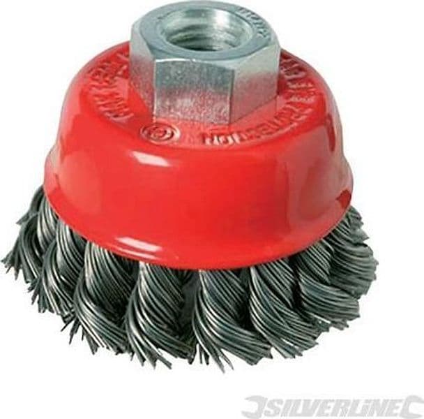Spazzola a tazza in acciaio a filo ritorto per smerigliatrici angolari Silverline – 100 mm – plastica