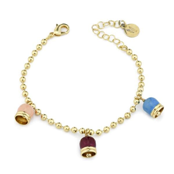 Boccadamo - Bracciale placcato oro giallo con tre campanelle rosa antico, bordeaux e azzurra in Bracciali Alba Gioielli - Casoria, commercioVirtuoso.it