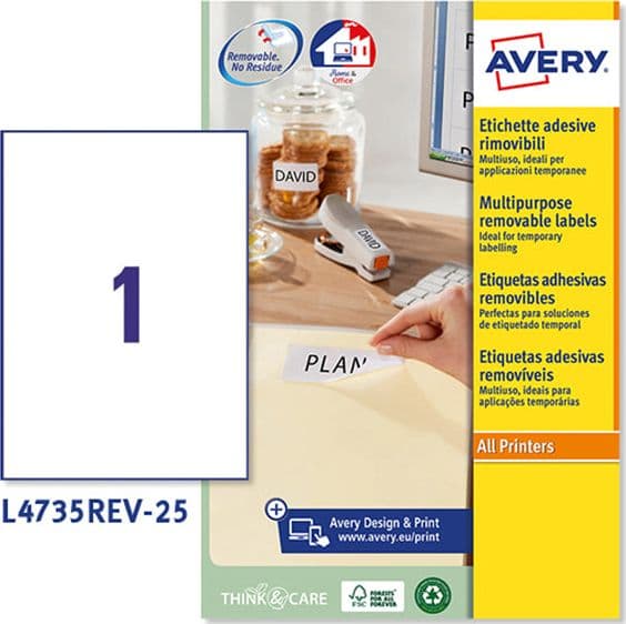Etichetta adesiva L4735REV bianca rimovibili 25f A4 210x297mm (1et/fg laser