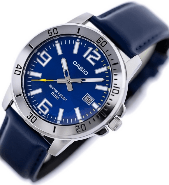 Orologio Casio per uomo, MTP-VD01L-2B , quadrante blu con segna data, cinturino in vera pelle blu scuro in Orologi da polso Loweconomy - Marineo, commercioVirtuoso.it