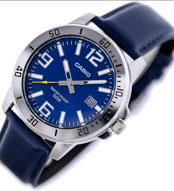 Orologio Casio per uomo, MTP-VD01L-2B , quadrante blu con segna data, cinturino in vera pelle blu scuro in Orologi da polso Loweconomy - Marineo, commercioVirtuoso.it