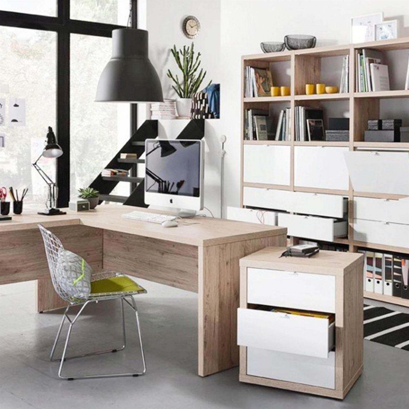 Cassettiera da ufficio per scrivania bianco laccato e rovere con ruote a scomparsa in Cassetti Decor Space - Altamura, commercioVirtuoso.it
