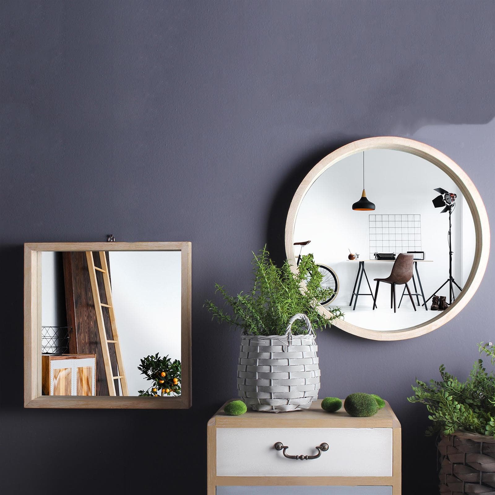 SPECCHIO TIZIANO CON CORNICE IN LEGNO SHABBY NATURALE Ø 52 CM DA BAGNO E SOGGIORNO