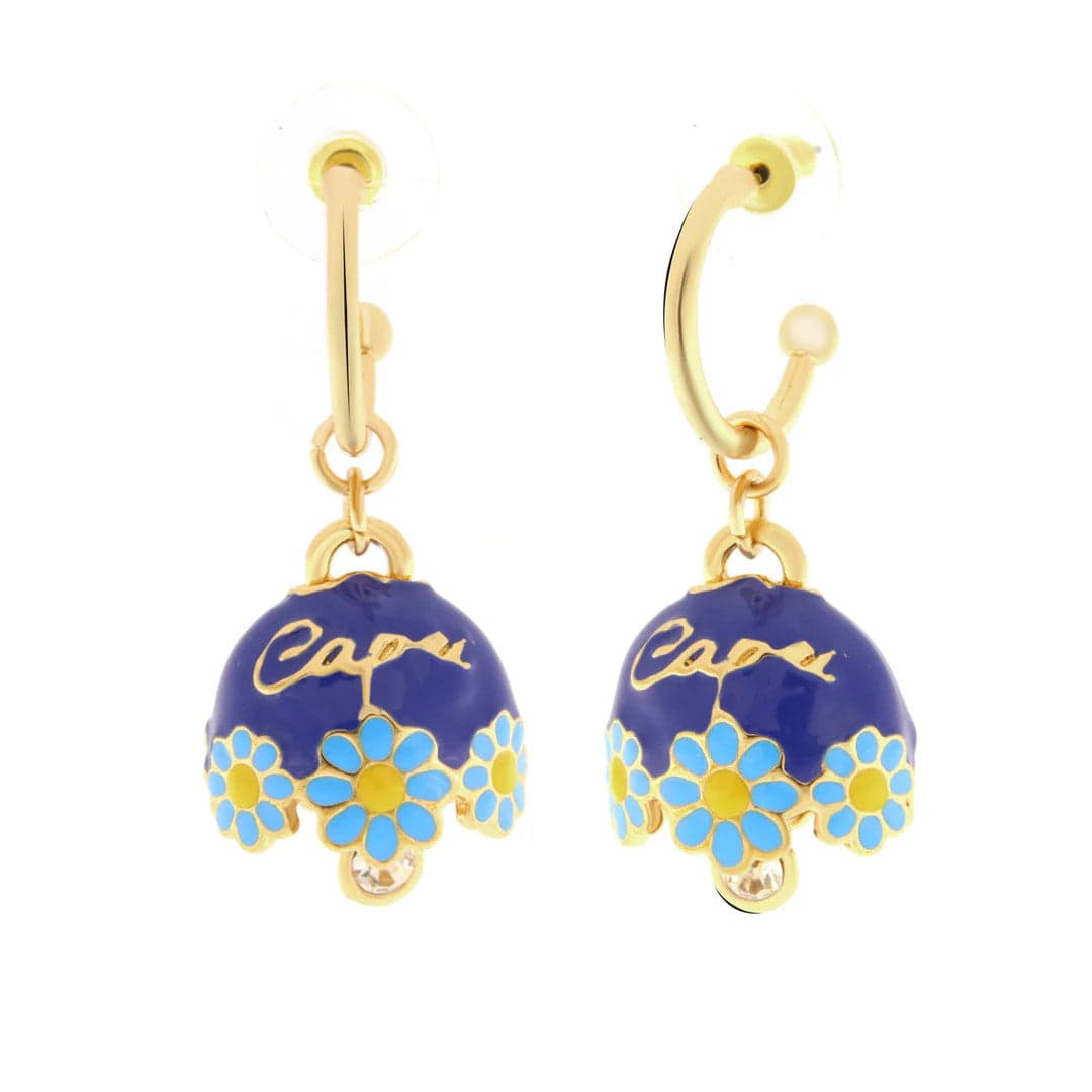 BYSIMON -  Orecchini in Metallo a cerchio con campanella blu impreziosita da margherite e scritta capri
