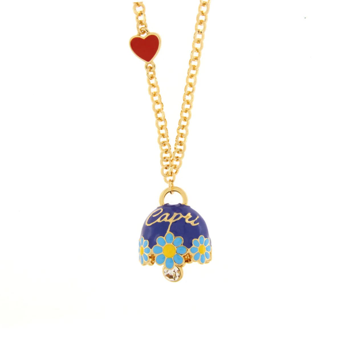 BYSIMON - Collana in Metallo con campanella blu impreziosita da margherite e scritta capri