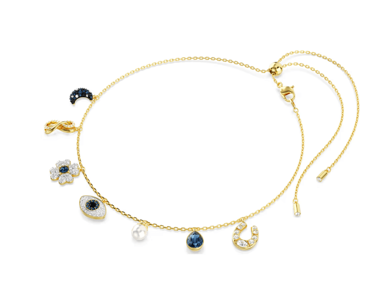 SWAROVSKI - Collana Girocollo Symbolica Luna, infinito, quadrifoglio, evil eye e ferro di cavallo, Blu, Placcato color oro in Collane Alba Gioielli - Casoria, commercioVirtuoso.it