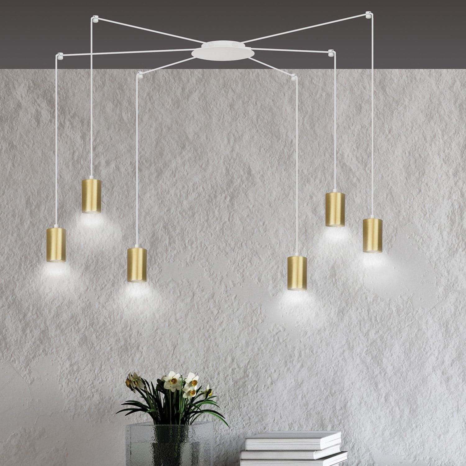 Sospensione A Ragno In Acciaio Bianco E Oro 6 Luci Tracker Con Cavo 3 Metri in Lampade a sospensione LuceArt - Montecorvino Pugliano, commercioVirtuoso.it
