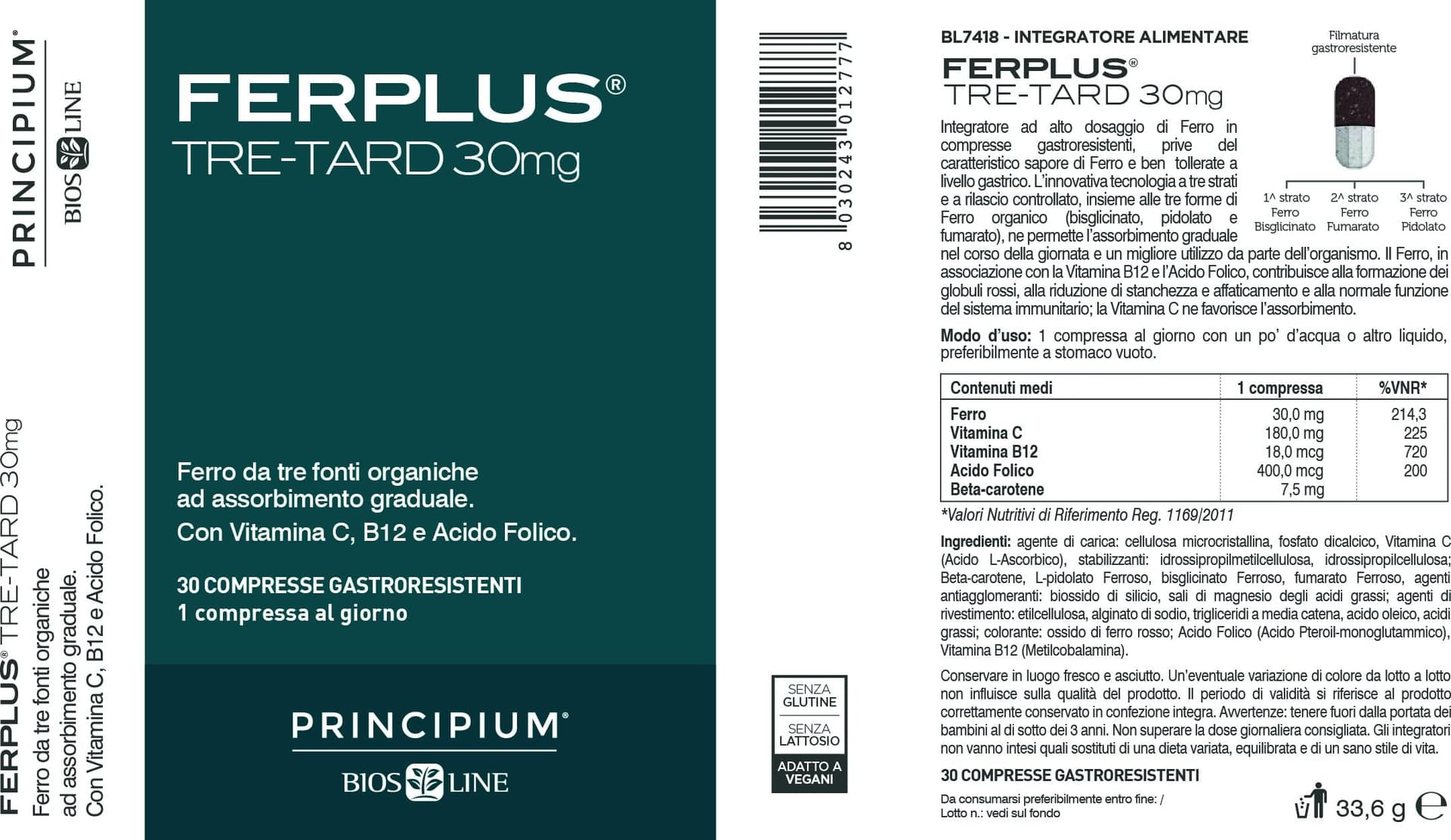 BIOS LINE Principium FerPlus Tre-Tard, Integratore Alimentare in Compresse Gastroresistenti a Rilascio Graduale, Alto Dosaggio di Ferro, 30 Cpr in Ferro Naturopatica Shop & Therapy - Reggio Calabria, commercioVirtuoso.it