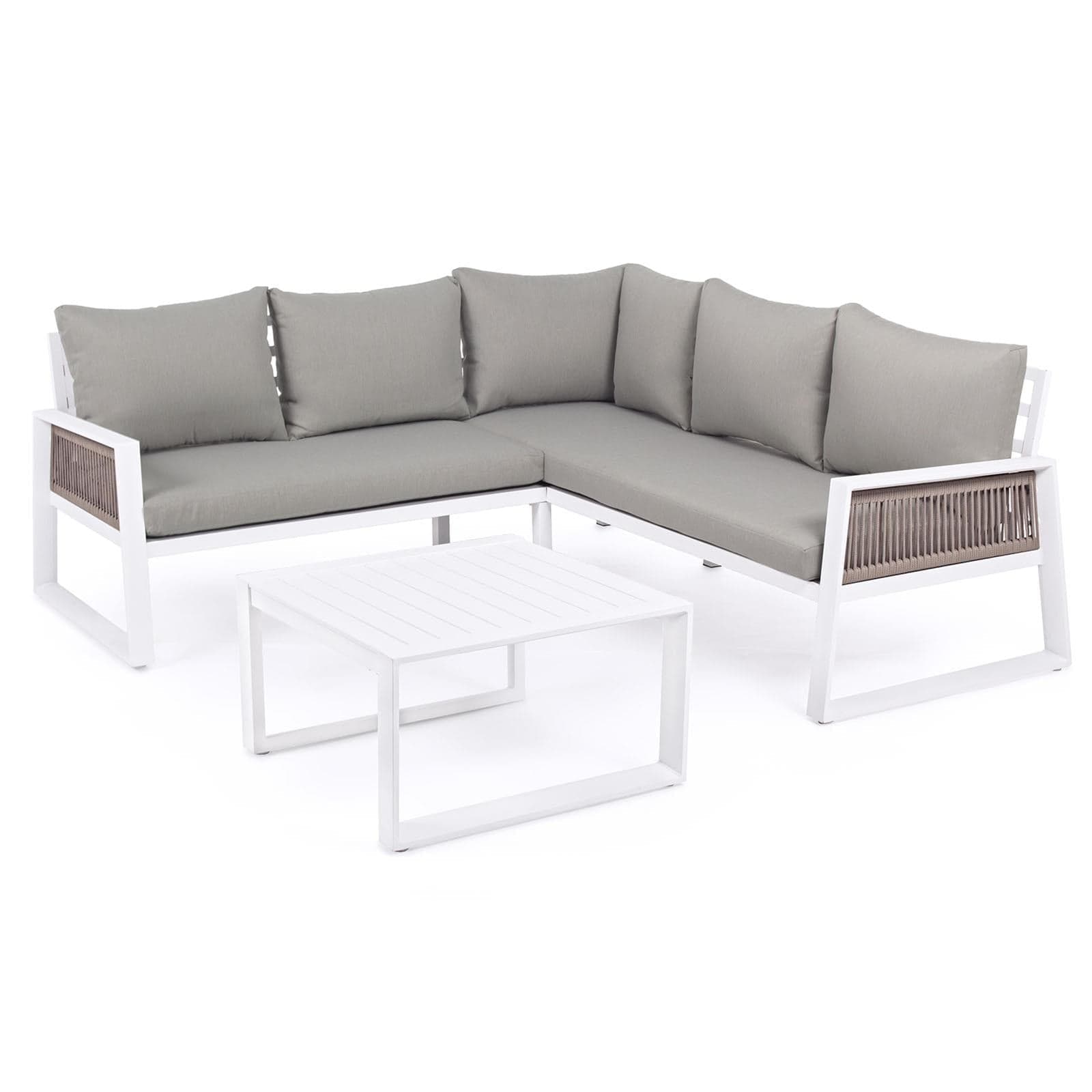 Salottino angolare da giardino "Captiva" bianco in alluminio con corde sintetiche tortora - 11