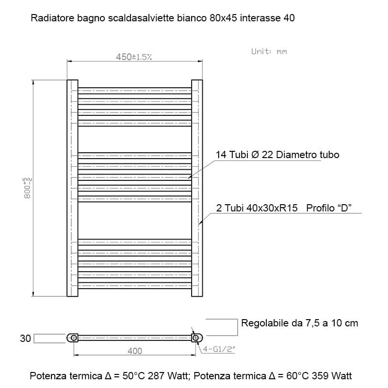 Scaldasalviette termoarredo 80x45 bianco interasse 40 cm IDRAULICO in Scalda asciugamani da parete Mondialshop - Parabiago, commercioVirtuoso.it